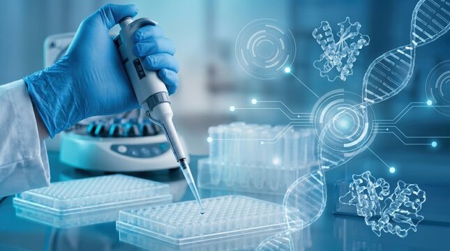 Scientist hand holding pipette in modern biotechnology laboratory with holographic DNA double helix and protein structure, genetic engineering research and medical science innov...