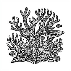 Obraz premium Tribal Tattoo Style Coral Reef Illustration with Fish - Black and White