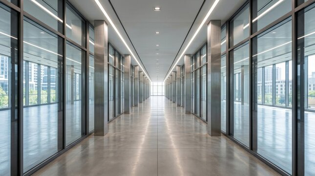 Modern minimalist office building hallway with glass walls and bright lighting.