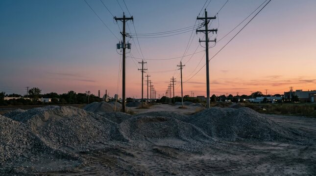 Wooden utility poles in a sandy field during a beautiful sunset.