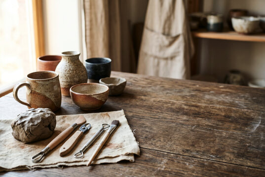Handmade ceramic pottery, sculpting tools and natural clay arranged on a rustic wooden table for artisan inspired creative designs. Pottery craftsmanship and handmade art concept