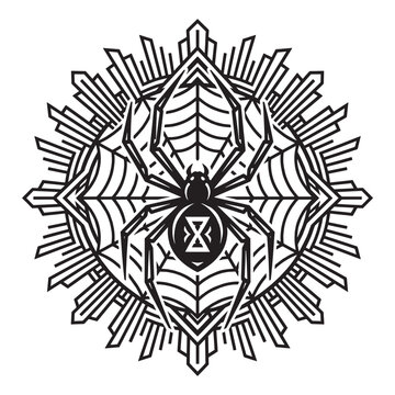 Ornamental Art Deco Spider Mandala Design, Luxury Geometric Widow Spider Illustration with Vintage Sunburst Pattern and Web Elements