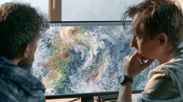 Adult environmental analyst reviewing generic smoke dispersion map highlighting air quality monitoring and climate operations research