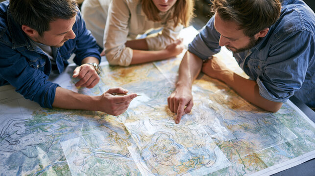 Three adult planners studying generic floodplain map and transparent elevation overlays in meeting room highlighting preventive flood risk planning