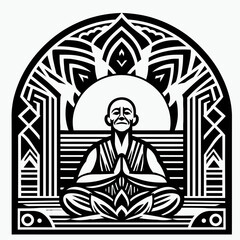 Fototapeta premium Art Deco and Art Nouveau Inspired Monochrome Illustration of a Monk Meditating in Lotus Position Against a Rising Sun, Symmetrical Zen Spiritual Graphic Art.