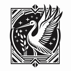 Obraz premium Elegant Art Deco and Art Nouveau Stylized Stork Illustration with Geometric Frame and Celestial Stars, Black and White Vector Graphic