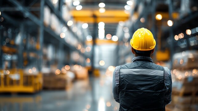 Engineer in yellow helmet standing on center of photo with background of heavy machinery in factory