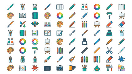 Fototapeta premium A collection of colorful icons representing art supplies and creative tools, perfect for design projects.