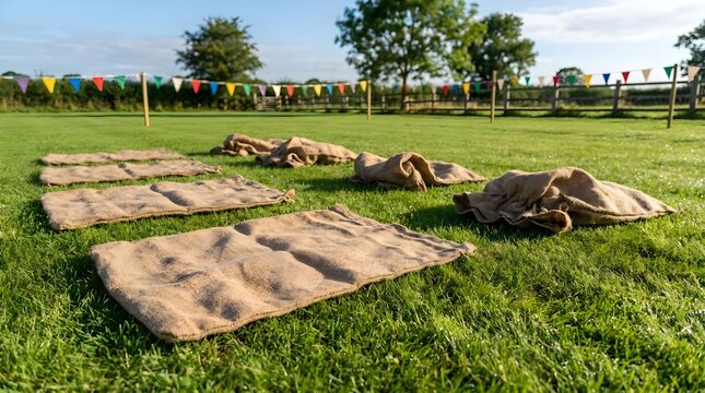 Empty Sack Race Props Arranged on Grass Field
