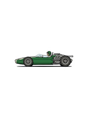 Obraz premium Green Vintage F1 Car Featuring Detailed Mechanical Parts And A Driver In Racing Gear Positioned Against A Plain White Backdrop Vector Illustration