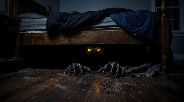 Creepy Monster Hiding Under a Dark Bedroom Bed with Glowing Eyes and Sharp Claws in a Sinister Concept Photographic Scene