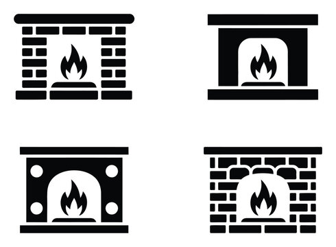 Conjunto de cuatro chimeneas en blanco y negro con llamas encendidas