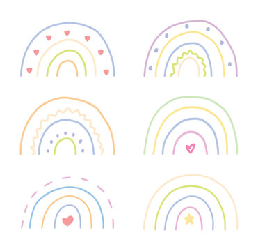 Conjunto de seis arco&iacute;ris pastel dibujados a mano para decoraci&oacute;n infantil
