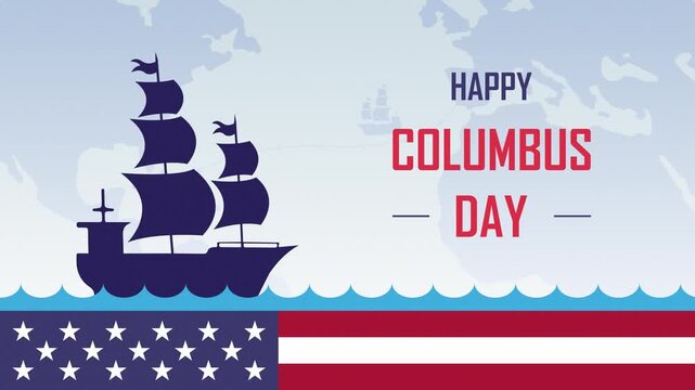Animated Columbus Day celebration, journey of Christopher Columbus, discovering America, USA flag color combination, old marine navy ships sailing at sea