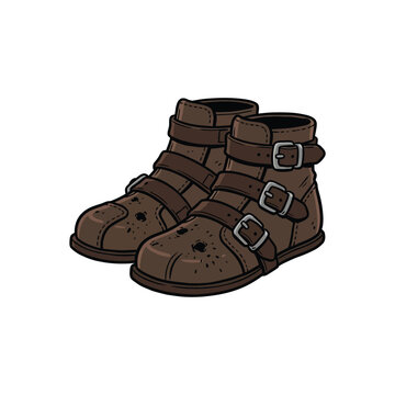 Worn Brown Leather Welding Spats With Multiple Adjustable Straps And Metal Buckles, Showing Visible Wear And Tear, Illustration Vector Illustration