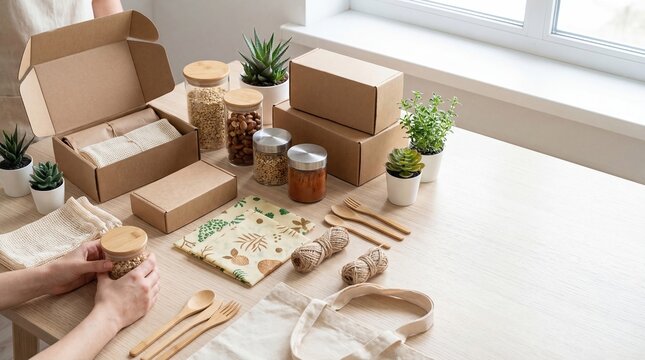 Eco-friendly packaging and sustainable products arranged on wooden table including cardboard boxes, glass jars with bamboo lids, reusable cloth bags, wooden cutlery and potted s...