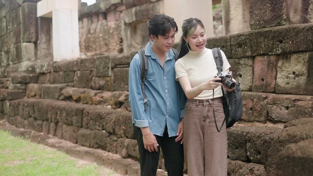 Asian Couple Exploring Ancient Stone Castle Part 111