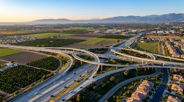 Aerial drone view of a modern freeway interchange surrounded by fertile farmland, suburban neighborhoods, and distant mountains under warm golden hour light in California.
