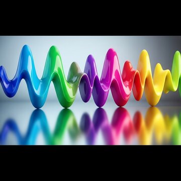 カラフルな波形、光沢のある曲線、反射、現代的、抽象的、デザイン、サイエンス、テクノロジー