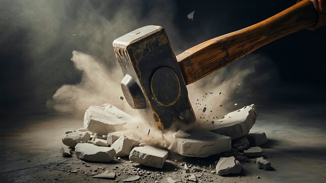 Heavy sledgehammer breaking concrete with dramatic dust and impact effect