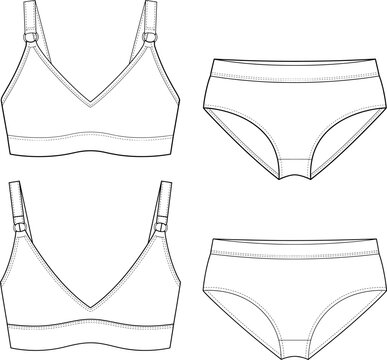 Classic seamless push-up plunge bra and matching elastic waistband hipster panty set for women intimate apparel apparel production technical vector flat sketch