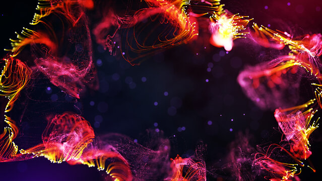 Abstract background featuring colorful glowing particle filaments, flowing dotted lines, purple haze, vibrant red and yellow energy, bokeh lights, and spacious dark center for copy space.