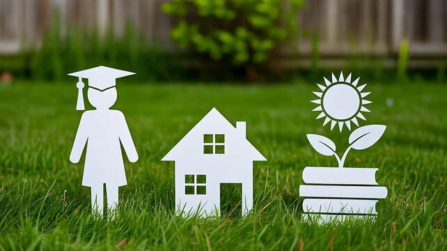 Paper family house and solar energy symbols representing sustainable living