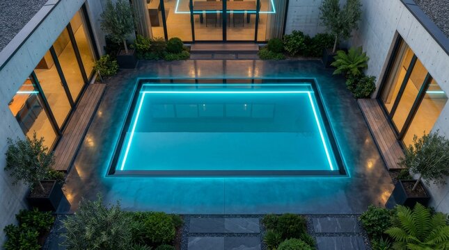Aerial view of a modern luxury courtyard with an illuminated swimming pool at dusk.
