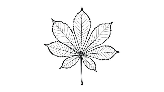 Detailed black outline of a horse chestnut leaf with seven leaflets, botanical isolated on a white background, for nature