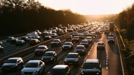 Fototapeta premium Heavy Traffic on Highway During Sunset with Vehicles in Motion and Golden Hour Lighting on a Bustling Urban Roadway