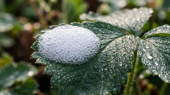Cuckoo Spit Foam on a Wet Strawberry Leaf.