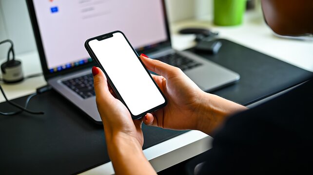 Person using smartphone with blank screen in modern office workspace
