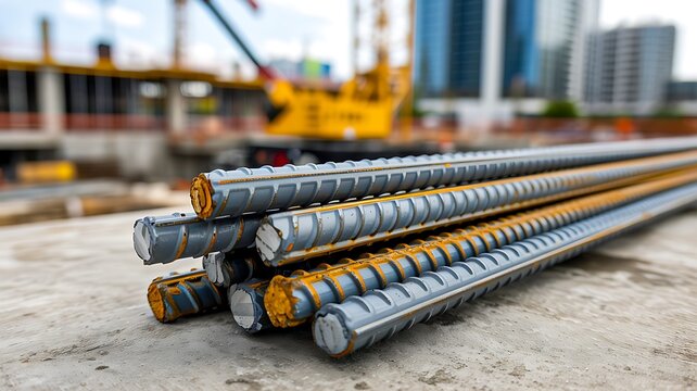Steel reinforcement bars stacked at active construction project site