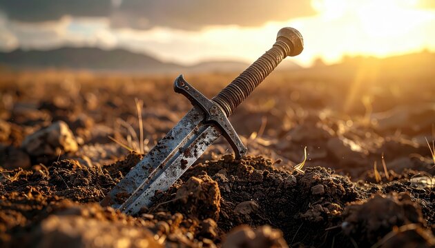 Ancient sword stuck in the ground at sunset, symbolizing legend, history, and battle, with dramatic lighting and a field background.