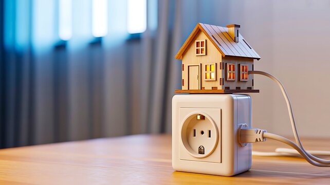 Miniature house on electrical outlet representing home energy and power concept