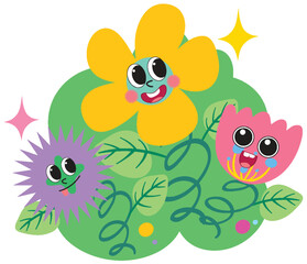 Fototapeta premium Smiling Cartoon Flower Characters with Yellow Bloom and Pink Tulip