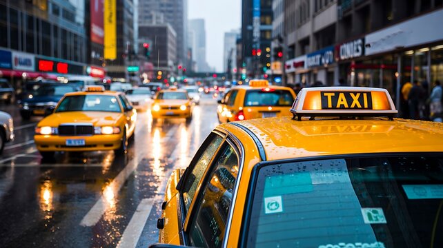 Yellow taxis driving through busy city street during rainy evening traffic