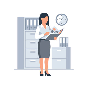 Businesswoman reading documents in a professional office interior