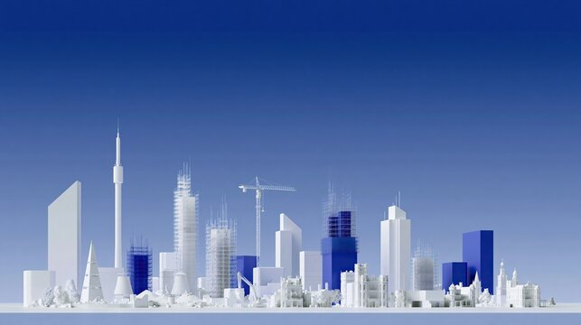Minimalist 3d model of modern urban city skyline with multiple buildings under construction and cranes against clean blue gradient background