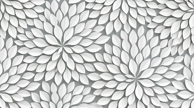 Seamless decorative pattern of 3d white floral petals arranged in round flower shapes on light gray background for elegant modern wallpaper