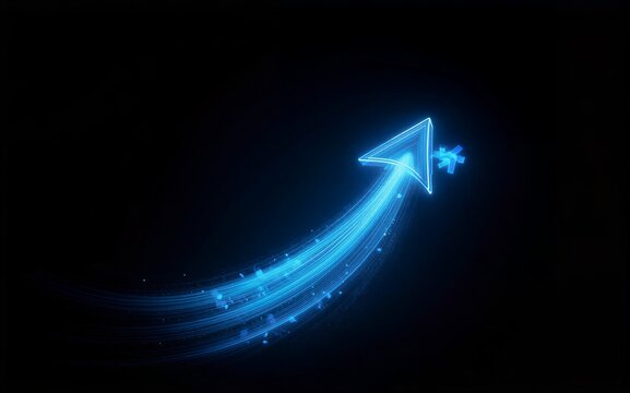 Blue neon arrow streaks forward, leaving glowing trails in dark space.