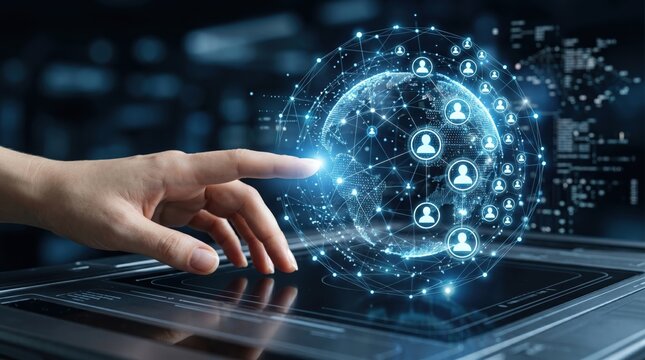 Hand touching holographic globe with connected user icons, global social network communication, digital community interaction, virtual world connectivity technology concept
