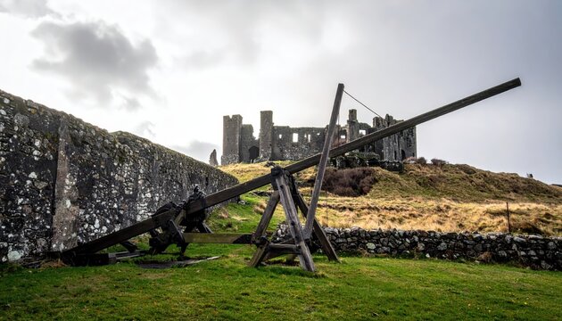 Ancient trebuchet siege weapon with ruined castle on grassy hill under dramatic cloudy sky, historical reenactment site