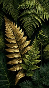 Various fern leaves in mixed shades of green and gold arranged on dark solid background showing elegant lush natural botanical decorative pattern design