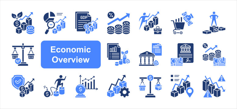 Economic Overview icon set, with Inflation Rate, Currency Stability, Public Debt, Economic Risk.
