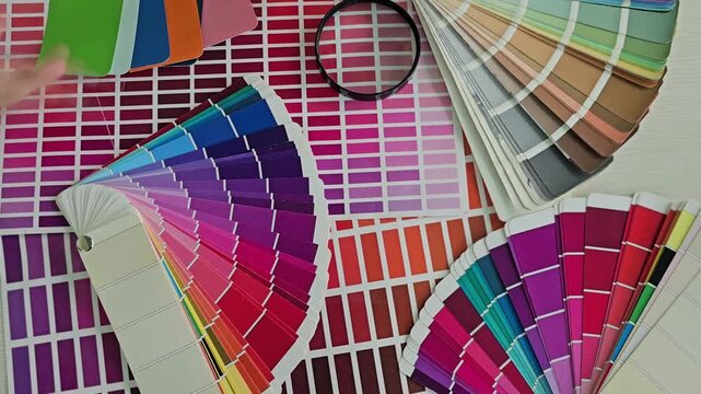 Choosing colors for design projects with paint samples and swatches on a table
