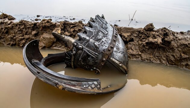 Ancient Viking helmet artifact discovered partially submerged in muddy water, representing historical excavation and archeological find