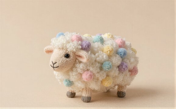 Cute knitted sheep with colorful pom-poms on its woolly body.