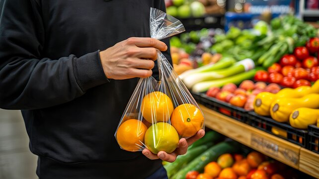 Customer shopping for fresh oranges in supermarket produce section