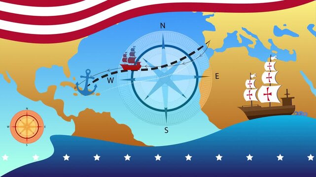Animated Columbus Day celebration, journey of Christopher Columbus, discovering America, USA flag color combination, old marine navy ships sailing at sea